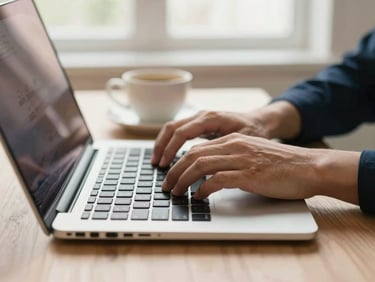 Hands typing on a modern laptop keyboard next to a warm cup of coffee, clean desk, natural daylight, shallow depth of field