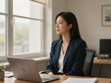 A professional sitting in a bright home office, looking thoughtfully out a window, warm editorial photography, soft daylight