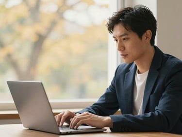 A remote worker looking thoughtfully at a laptop screen near a window with soft outdoor foliage visible, warm editorial style, shallow depth of field.