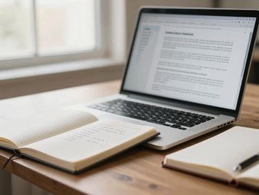 A close-up of a professional workspace with a laptop showing policy documents, a notebook with handwritten calculations, soft natural window light, shallow depth of field