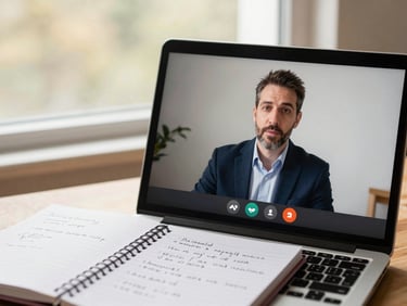 A close-up of a laptop showing an active video consultation with an experienced mentor, a notebook with handwritten strategy notes, warm ambient window light, 35mm.
