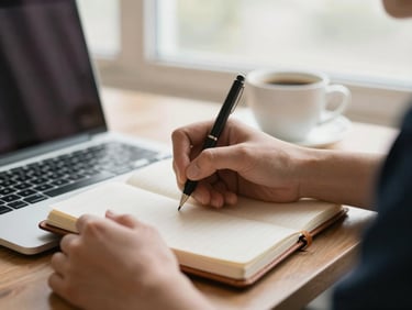 Close-up of hands writing in a leather notebook next to a laptop and a warm cup of coffee, soft side window light, shallow depth of field, professional 35mm.