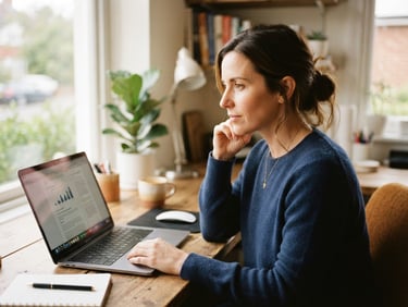 A professional working in a warm, daylight-filled home office, looking thoughtfully at a laptop screen, soft navy and amber tones, shallow depth of field, 35mm photography.