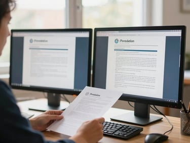 Focused professional in a home office reviewing policy documents on a dual monitor setup, soft natural window light, professional 35mm photography, warm editorial style.