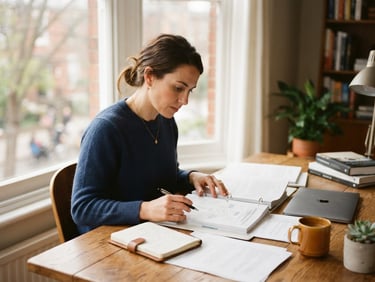 A focused professional in their 30s studying licensing materials at a clean wooden desk near a large window, soft natural morning daylight, warm editorial style, shallow depth of field, 35mm.