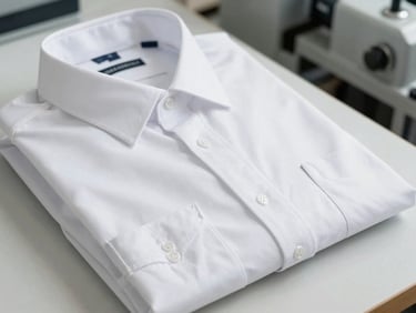 Close-up of a neatly folded white corporate shirt on a light background, highlighting fabric texture and seam quality, studio lighting.