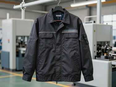 Heavy-duty industrial work jacket in a dark color, showing reinforced seams and practical pockets, on a hanger in a clean factory setting.