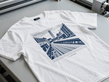 Flat lay of an oversized graphic tee, intricate screen print detail, high-quality fabric texture, clean industrial surface, professional corporate tones.