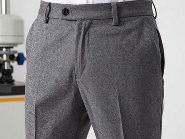 Detail shot of formal men's trousers, showing fine wool texture and tailored crease, bright studio light, 35mm