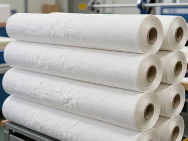 Neatly stacked rolls of high-quality, ethically sourced organic cotton textiles in a well-lit warehouse, bright clean daylight, professional corporate tones.