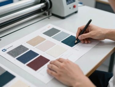 Close-up of a designer's hands reviewing a detailed tech-pack with fabric swatches on a clean industrial table, crisp studio lighting, professional corporate tones.