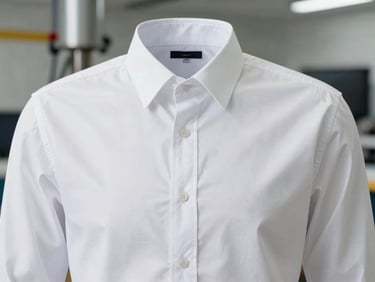 Close-up of a high-quality casual button-down shirt, crisp fabric texture, clean stitching details, bright studio light, 35mm
