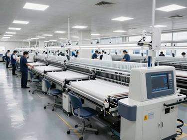 Wide shot of a modern, organized garment factory floor with production lines and workers, clean industrial daylight, professional corporate tones.