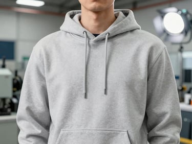 Close-up of a model wearing a heavy cotton drop-shoulder hoodie, clean stitching, industrial background, bright studio light, professional corporate tones.