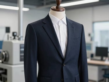 Dark navy executive blazer on a mannequin, sharp lapels, clean lines, professional studio lighting.