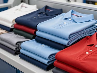 Stack of vibrant polo shirts, neatly folded, showcasing various colors and fine pique weave, bright studio light, 35mm
