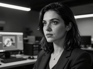 High-contrast black-and-white portrait of a female technical lead looking off-camera, dramatic low-key lighting with a subtle cyan rim light, modern tech workspace background.