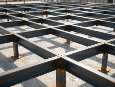 Close-up of clean steel construction framing under bright direct sunlight, showing sharp geometric shadows and high-contrast metal joints.