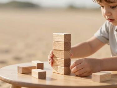 A young child stacking wooden blocks on a low table, soft natural daylight, shallow depth of field, warm sand background.