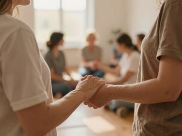 Close-up of two mothers holding hands during a community workshop, soft diffused indoor daylight, warm earth tones.