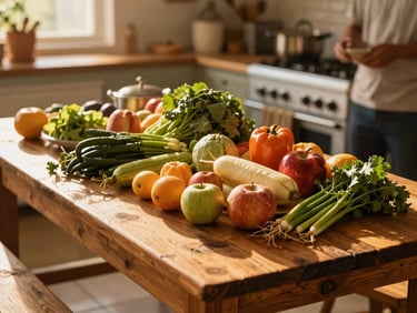 Fresh local fruits and vegetables arranged on a rustic wooden table in a sunlit community kitchen, warm golden-hour light.