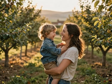 Candid medium shot of a mother laughing with her young child in a sunlit Chelan valley orchard, warm golden-hour light, 35mm photography.