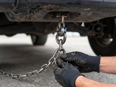 Close-up of a gloved operator's hands connecting a heavy tow hook and recovery chain to a vehicle undercarriage, natural daylight, shallow depth of field, industrial steel textures sharp in foreground
