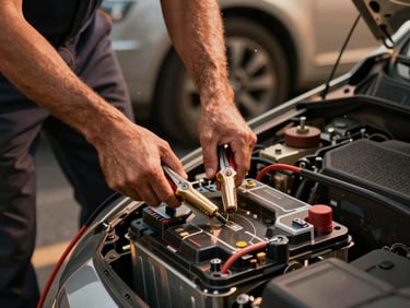 Tight detail shot under amber street lighting of a technician's hands connecting jumper cables to a car battery on a dark roadside, tool case open on the tarmac beside the vehicle, car door ajar