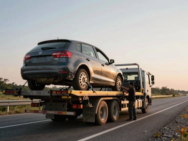 Wide environmental shot in golden-hour side-light of a flatbed tow truck loading a damaged hatchback onto its platform on a two-lane highway, operator securing wheel straps, open road receding into distance behind