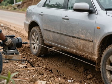 Close-up wide shot in natural daylight of a 4x4 recovery vehicle winching a sedan out of a deep roadside ditch, steel cable taut, mud splattered on the car's side panel, operator's gloved hands on the winch control, earthy road shoulder in background