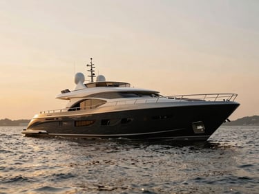 Sleek 120ft superyacht with a modern sky lounge, cruising near Bluewaters Island during golden hour.