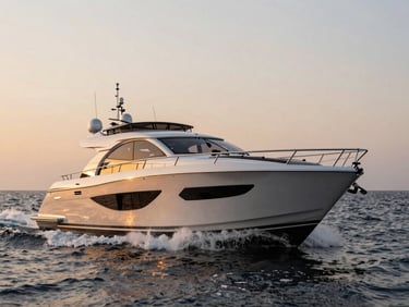 High-performance sport yacht with carbon fiber accents, cruising fast at twilight.
