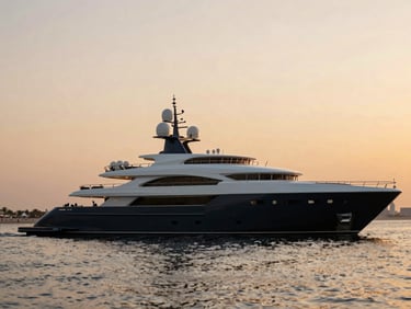 Magnificent 150ft mega yacht with beach club deck visible, sailing near the Dubai coastline at dusk.