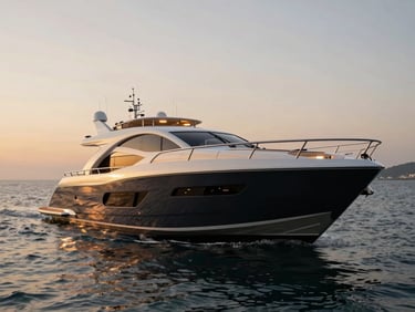 Elegant 95ft motor yacht showing its spacious teak sun deck, warm twilight lighting, shallow depth of field.