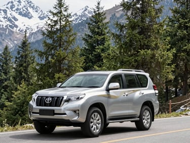 A clean silver Toyota Prado parked on a scenic mountain road in Kalam Valley, towering green pine trees and snow-capped peaks in the background, bright daylight.