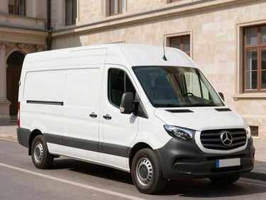 Spacious clean passenger van parked near a historic building, bright daylight, 35mm