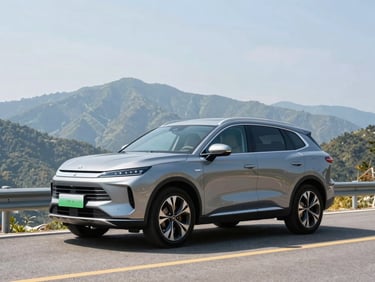 Modern metallic SUV navigating a paved mountain road, scenic peaks in background, bright daylight