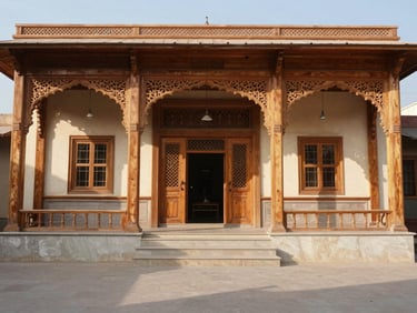 The ornate wooden facade of Sethi House in Peshawar, warm morning sunlight casting soft shadows, architectural details visible, clean composition.