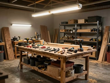 Wide shot of a garage workshop interior under warm fluorescent shop lights — a heavy workbench covered with hand tools, power drills, and lumber, concrete floor with sawdust, black metal shelving in the background, no people, documentary clarity