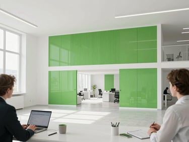 An architectural rendering of a modern community center being discussed by two professionals in a bright, sunlit office.