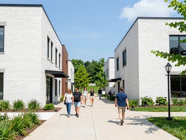 A bright outdoor public space in East Tennessee, modern brick buildings, people walking on a wide sidewalk, sunny day.