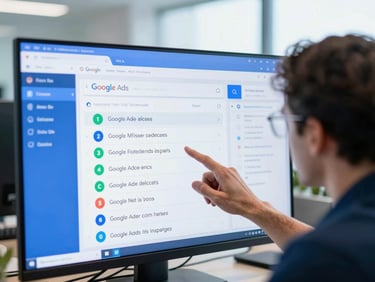 Close-up of a strategist analyzing Google Ads search terms on a high-density dashboard, cool blue ambient light, modern Rio office setup, 35mm lens.