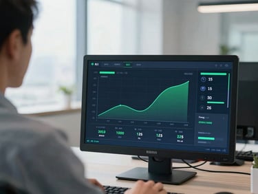 Over-the-shoulder shot of a digital dashboard showing positive conversion curves, bright natural office light with subtle green accents, sharp focus, 35mm lens.