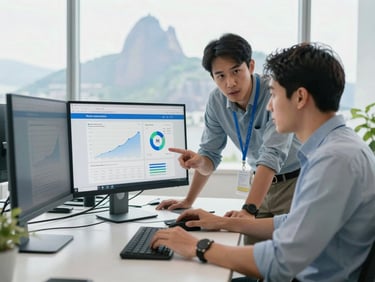 Collaborative workspace in Rio, two professional media buyers discussing Meta Ads performance metrics on a dual-monitor setup, bright natural light, sharp focus.