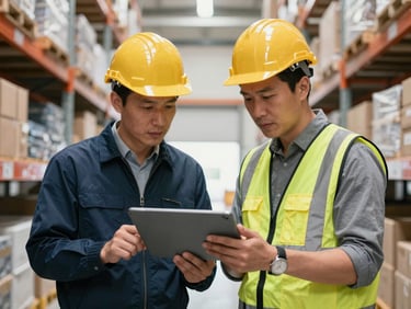 Two engineers reviewing logistics layouts on a tablet in a bright warehouse corridor, natural high-contrast lighting.