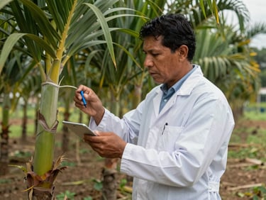 An agricultural researcher inspecting palm cultivation in Santander, bright daylight, authentic environment.