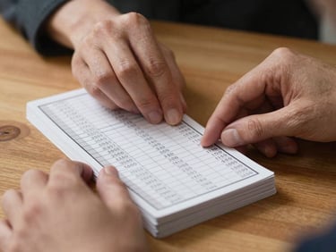 Close-up of hands organizing structured data cards on a wooden table, sharp focus, natural side light.