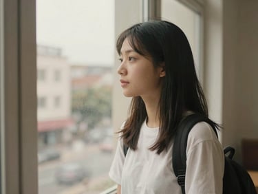 Candid reflective portrait of a student looking out a window in a new city, warm afternoon light, soft muted earth tones, 35mm