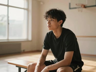 Focused young athlete sitting on a bench in a warm sunlight gymnasium, reflective expression, shallow depth of field, 35mm