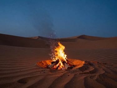 A small campfire crackling on a silent desert dune at twilight, embers rising toward a dark blue sky.